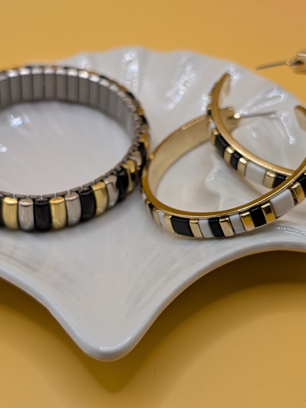 Gold Tone Hoop Earrings with Black and White Enamel Inlay & Bracelet